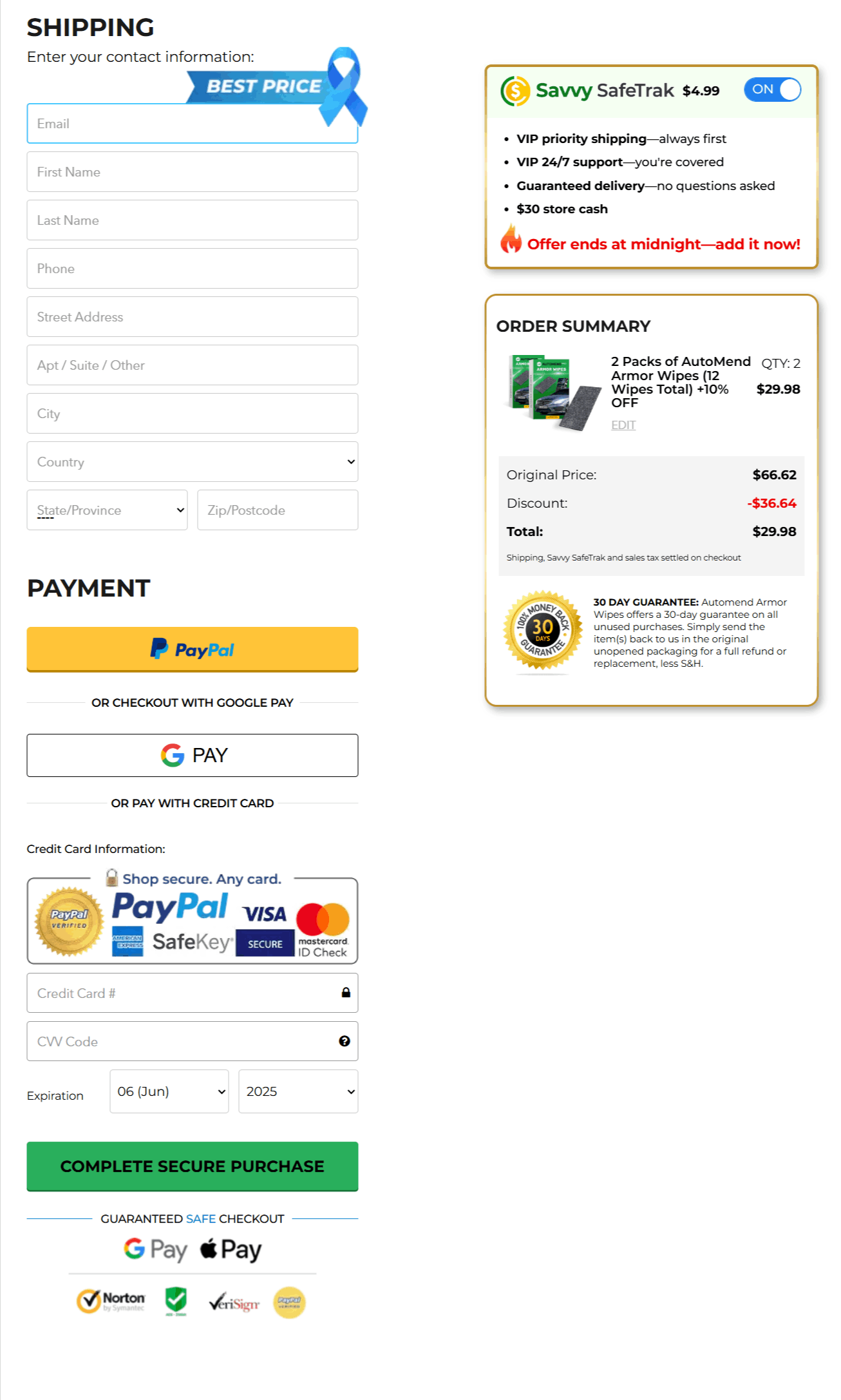 Automend Pro Armor Wipes checkout page